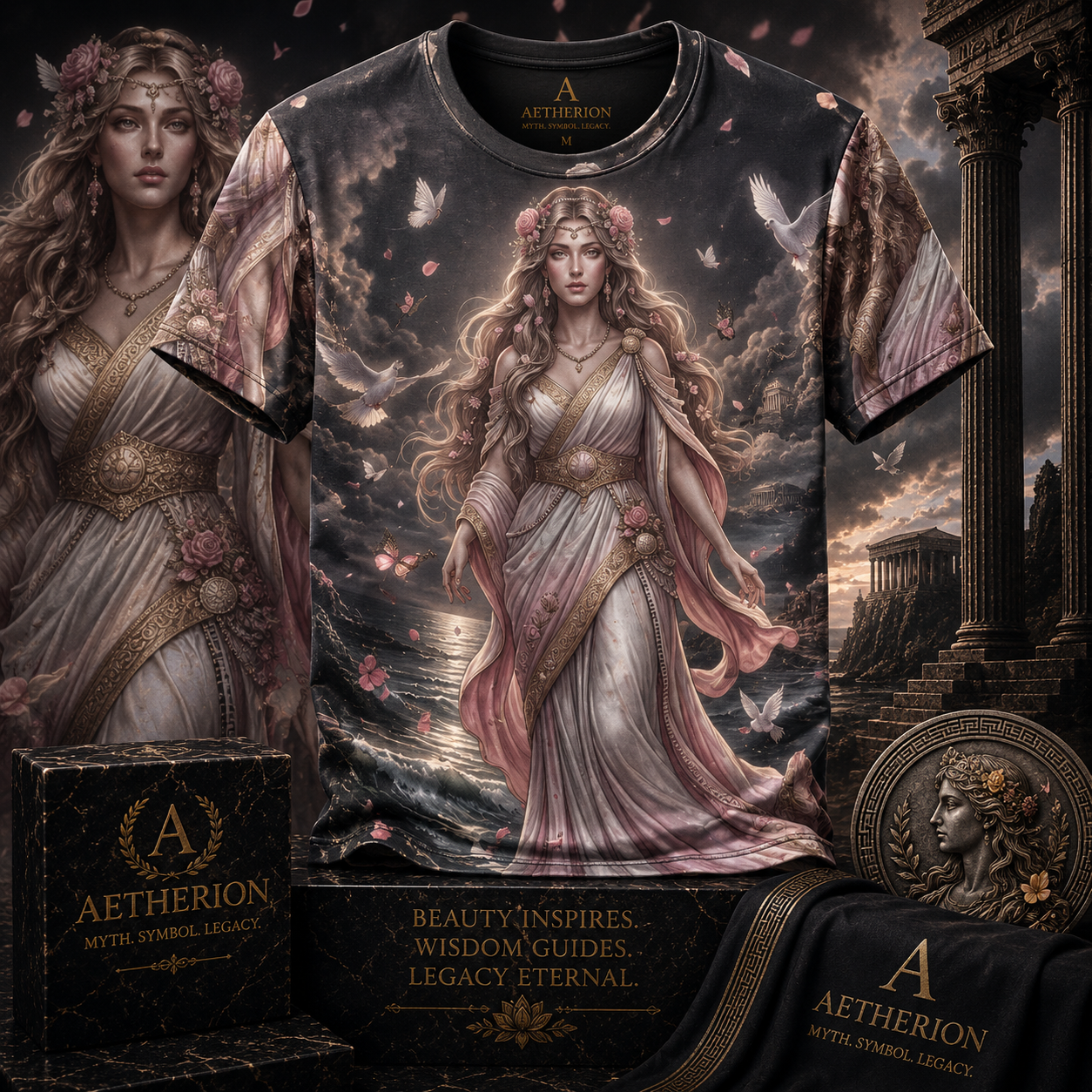 Aphrodite of Eternal Beauty — All-Over Print Mythological Greek T-Shirt
