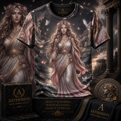 Aphrodite of Eternal Beauty — All-Over Print Mythological Greek T-Shirt