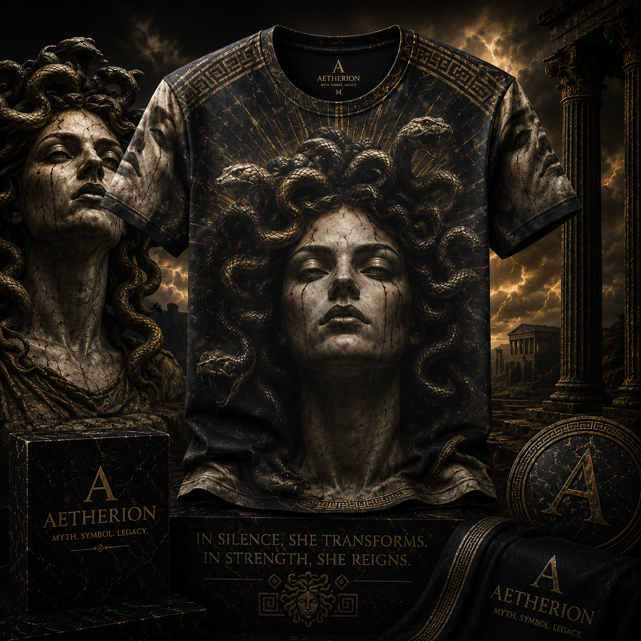 Medusa of Eternal Night — Mythological Greek All-Over Print T-Shirt