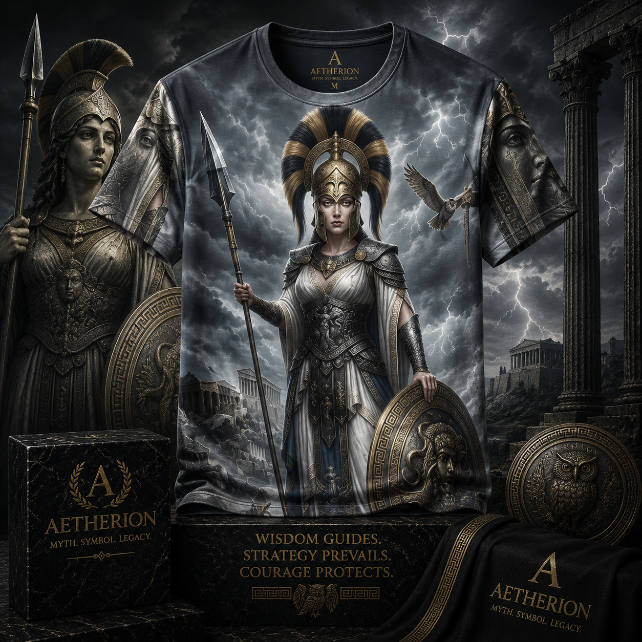 Athena of Divine Wisdom — All-Over Print Mythological Greek T-Shirt