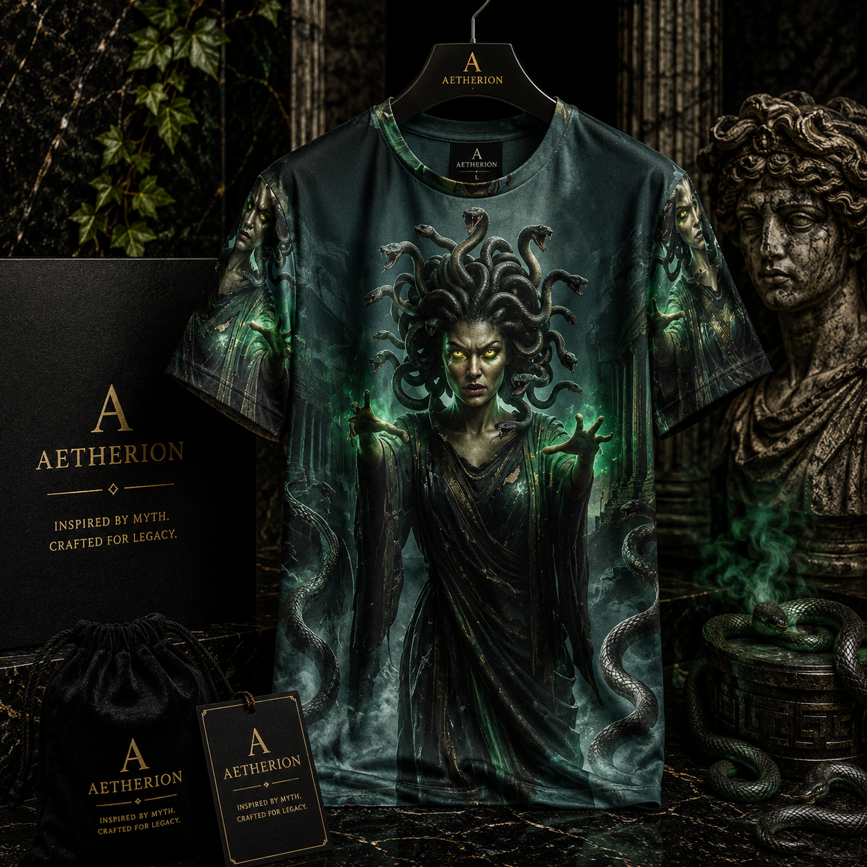 Medusa Shadow Gaze All-Over Print Men's O-Neck T-Shirt | Greek Mythology Dark Fantasy Apparel | Aetherion