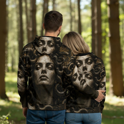 Medusa of Eternal Shadow — All-Over Print Men's Thickened Pullover Hoodie